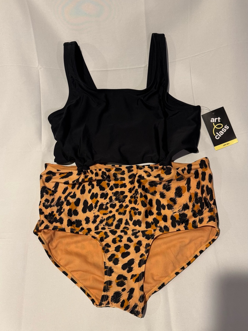 art class Black Tankini Top with Leopard Print High-Waist Bottom